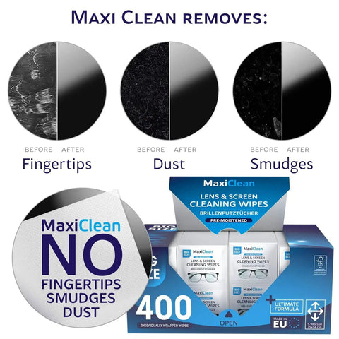 Packaging of Pre-Moistened Glasses Wipes For Eyewear And Screens Ammonia Free 400 Count showing cleaning effectiveness.