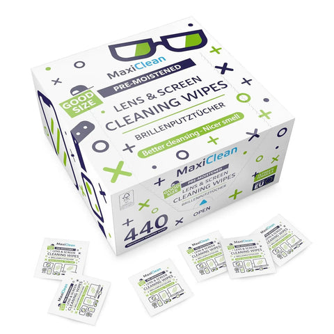 Box of 440 individually wrapped lens wipes for glasses and devices; labeled for streak-free clarity and pre-moistened use.
