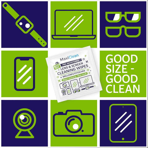 Individually Wrapped Lens Wipes For Glasses And Devices Streak Free Clarity with icons of devices like glasses, smartphone, and laptop.