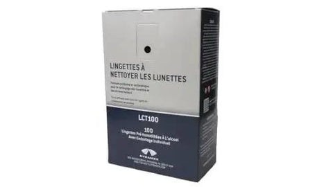 Box of Individually Packaged Lens Towelettes No Streaks 100 Count Glasses And Screens with bilingual packaging.