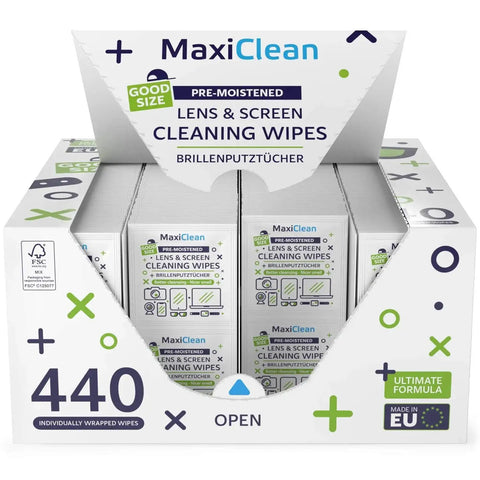 Box of individually wrapped lens and screen cleaning wipes, 440 count, for streak-free clarity on glasses and devices.