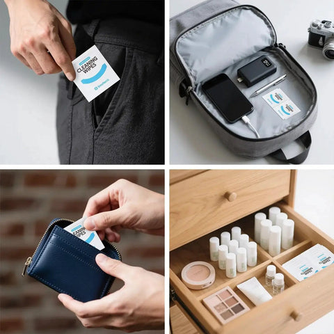 Lens Wipes And Microfiber Cloths Value Kit for Eyeglasses And Screens, shown in different storage scenarios.