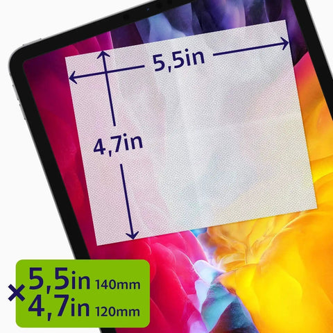 Close-up of Individually Wrapped Lens Wipes For Glasses And Devices Streak Free Clarity, 5.5x4.7 inches, shown on tablet screen.