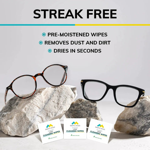Individually Wrapped Lens Cleaning Wipes 210 Count For Eyeglasses And Sunglasses with two eyeglasses and wipe packs displayed.