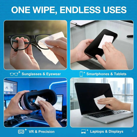 Images showing Lens Wipes And Microfiber Cloths Value Kit For Eyeglasses And Screens used on glasses, smartphone, VR headset, and laptop.