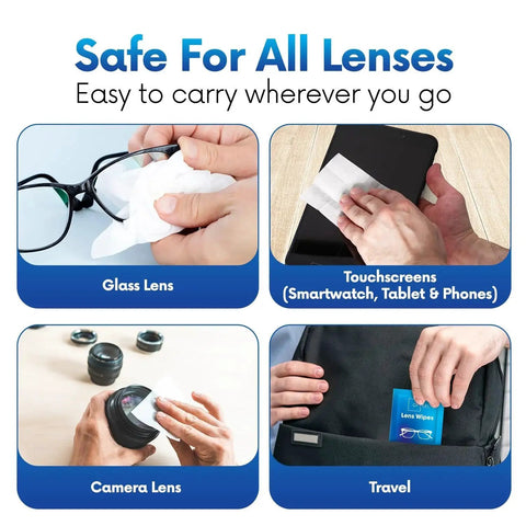 Lens Wipes for Eyeglasses and Camera Lenses Premoistened Scratch Free 500 Wipes in multiple use scenarios.