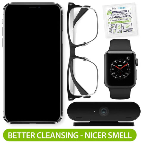 Individually Wrapped Lens Wipes For Glasses And Devices Streak Free Clarity next to smartphone, glasses, smartwatch, camera