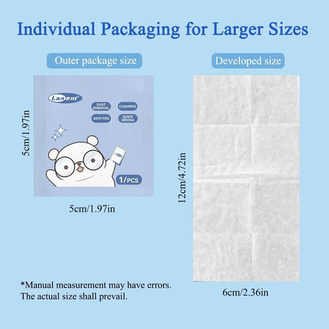 Anti Fog Lens Wipes 200 Count Pre Moistened Glasses Screen Cleaner Portable packaging and unfolded size