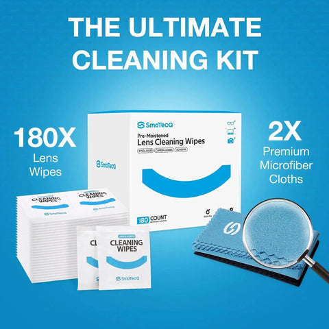 Lens Wipes And Microfiber Cloths Value Kit For Eyeglasses And Screens box with 180 wipes and two microfiber cloths on display.