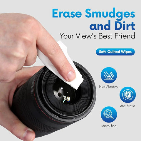 Hand using Lens Wipes for Eyeglasses and Camera Lenses Premoistened Scratch Free 500 Wipes on camera lens, close-up view.