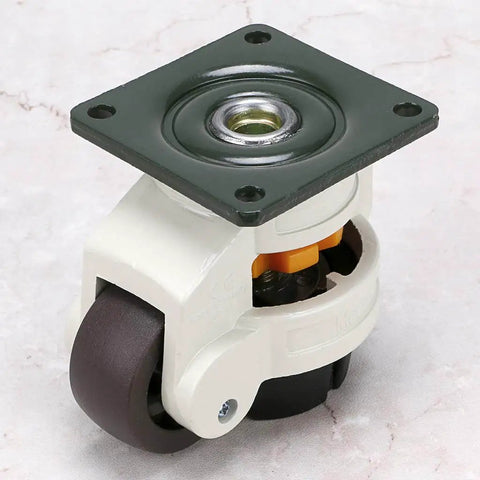 4 Piece Leveling Casters Set For Heavy Workbenches And Equipment Featuring Top Plate 2.9 Inch By 2.9 Inch Wheel Diameter 1.54 Inch Retractable NBR Pad 110 Lb Per Caster 330 Lb Total Load Capacity, white caster close-up