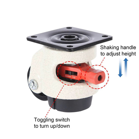Close-up of Leveling Casters Heavy Duty with Upgraded Ratchet Handle Design showing toggle switch and shaking handle for adjustment.