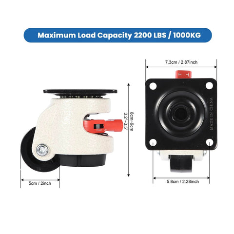 Side and top view of Leveling Casters Heavy Duty with Upgraded Ratchet Handle Design, 360 Degree Swivel Castor Wheels, dimensions and load capacity shown.