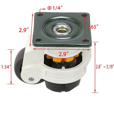 Side view of white leveling caster in 4 Piece Leveling Casters Set For Heavy Workbenches And Equipment, NBR pad, top plate.