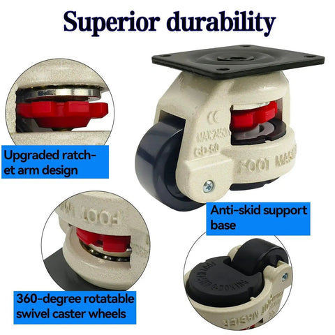 Four Pack 2 Inch Leveling Machine Casters With Nylon Wheels And Rubber Feet For Stable Installs And Smooth Mobility Load Capacity Up To 2200 Lbs Highlighting Features: Durability, Anti-skid Support, Swivel Wheels.