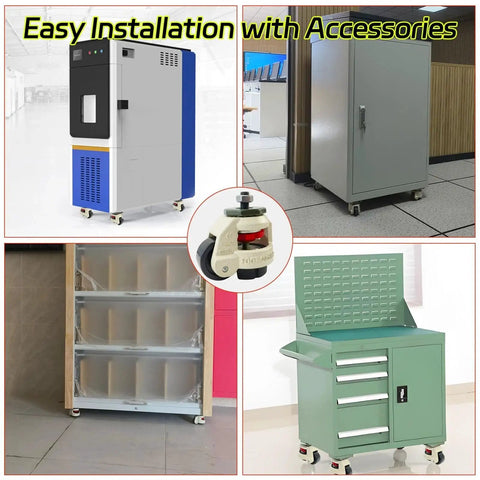 4 Pack 2 Inch Leveling Machine Stem Casters With Retractable Rubber Feet installed on various equipment and cabinets.
