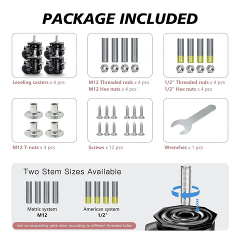 Package of Leveling Casters Set Of 4 For Workbenches, Heavy Duty Stem Caster Wheels With T Nuts, including accessories