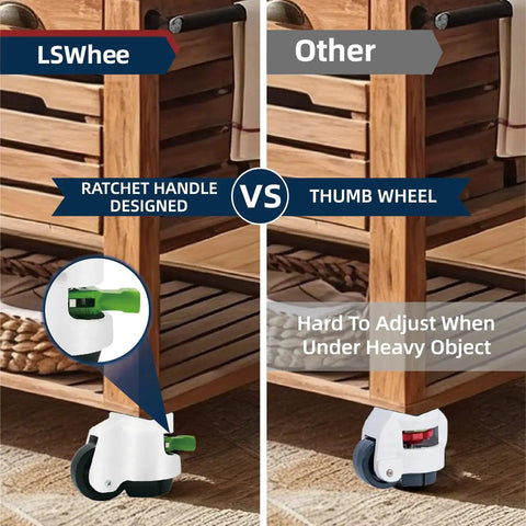 Comparison of Four Pack Leveling Casters With Ratchet Handle and thumb wheel, showing adjustable casters on wooden furniture.