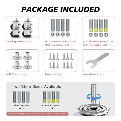 Package contents of Heavy Duty Leveling Casters Set of 4 for Workbenches and Machinery, including threaded rods and tools.