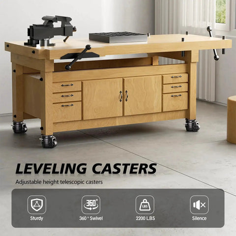 Wooden workbench on leveling casters set of 4 for workbenches, heavy duty stem caster wheels with T nuts, holding 2200 lbs