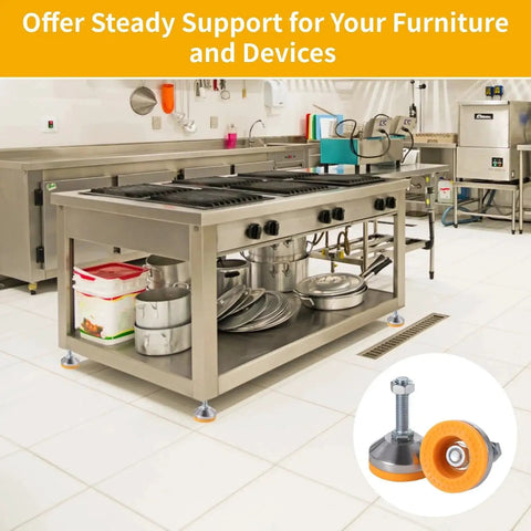 Heavy Duty Leveling Feet Set Built To Last Four Pack D60 X M12 X 50 2.36 Inch Base Diameter 1300 Lb Capacity Adjustable Leg Levelers shown under a kitchen heavy-duty range.
