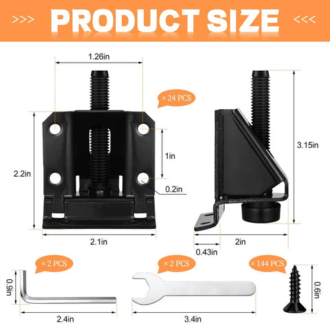 Product size details of Heavy Duty 24 Pack Leveling Feet For Workbenches And Furniture Adjustable 2.3 Inch Levelers With Screws And Wrenches Black Finish Ideal For Tables Cabinets Desks And Benchtops Kenning.