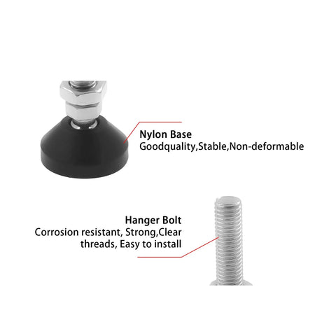 Four heavy duty screw on leveling feet with M8 threads provide precise height adjustment, anti skid rubber swivel base details