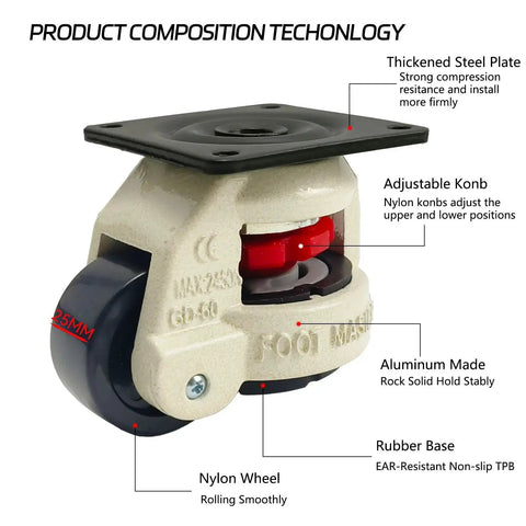 Four Pack 2 Inch Leveling Machine Casters With Nylon Wheels And Rubber Feet For Stable Installs And Smooth Mobility Load Capacity Up To 2200 Lbs Ideal For Heavy Machinery And Equipment Reduces Vibration And Improves Maneuverability On Uneven Floors close-up view.