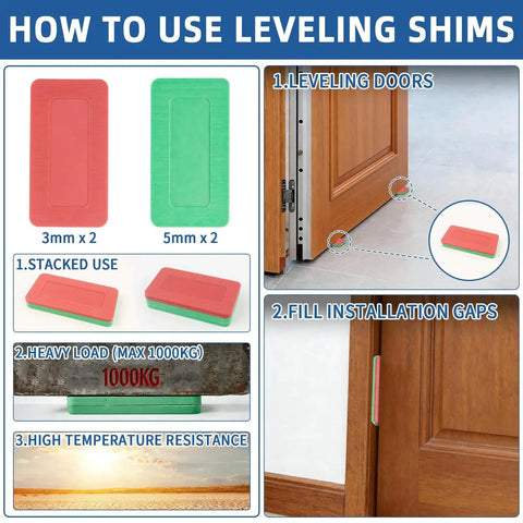 Diagram showing use of leveling shims for door installation, highlighting shim sizes, weight capacity, and temperature resistance features.