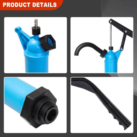 Lever Action Barrel Pump, 5 to 55 Gallon Drum Pump, close-up views showing nozzle, handle, and spout design for liquid transfer