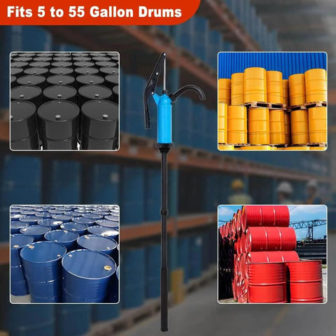 Lever Action Barrel Pump with four drum color options for 5 to 55 gallon drums, suitable for transferring motor oil, diesel, lubricants.