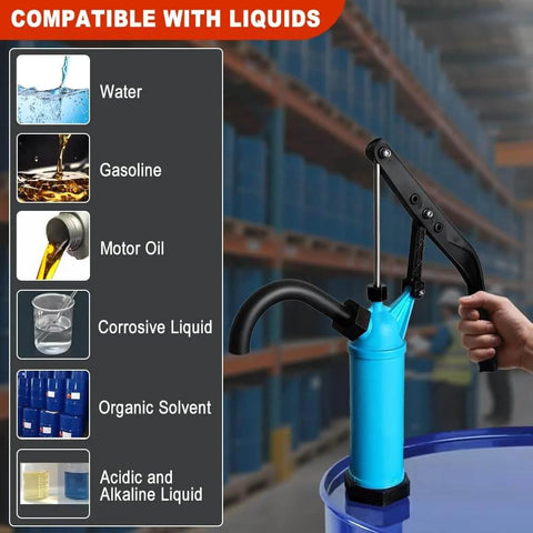 Lever Action Barrel Pump, 5 to 55 Gallon Drum Pump in blue, shown in use with lever handle in a warehouse, compatible with various liquids.