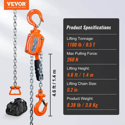 Manual Lever Chain Hoist 1/2 Ton 1100 Lbs Capacity 5 Ft Come Along G80 Galvanized Dual Pawl Brake and 360 Degree Hook