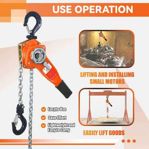 Lever Chain Hoist 1650 Lbs Capacity 10 Ft Manual Ratchet Chain Puller with Two Hooks for Outdoor No Power Use in operation