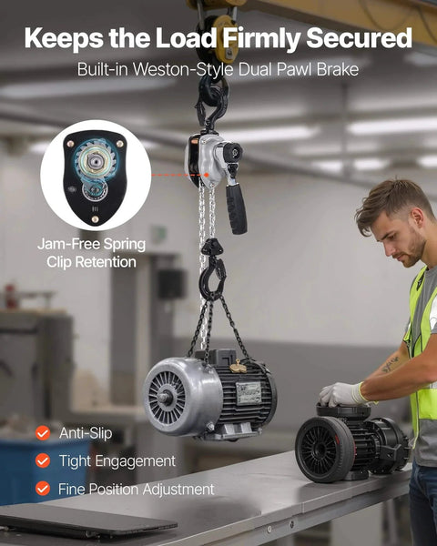 Manual Lever Chain Hoist Quarter Ton 550Lb Capacity With 5 Ft Lift G80 Chain featured in use lifting an engine part on a workbench.