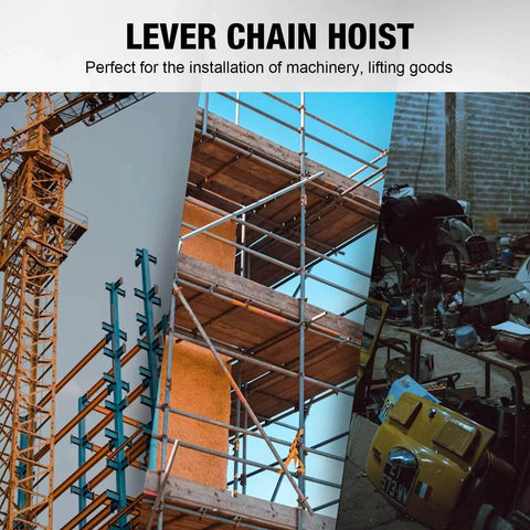 Image of construction scaffolding and machinery for 0.75 Ton Manual Lever Chain Hoist With G80 Galvanized Carbon Steel Construction And Double Pawl Brake used in installation.