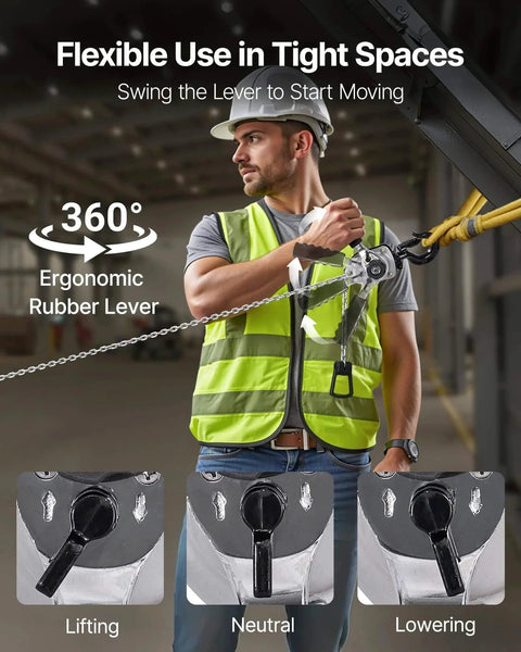 Worker using Manual Lever Chain Hoist Quarter Ton 550Lb Capacity With 5 Ft Lift G80 Chain Dual Pawl Brake, 360 Rotating Hooks