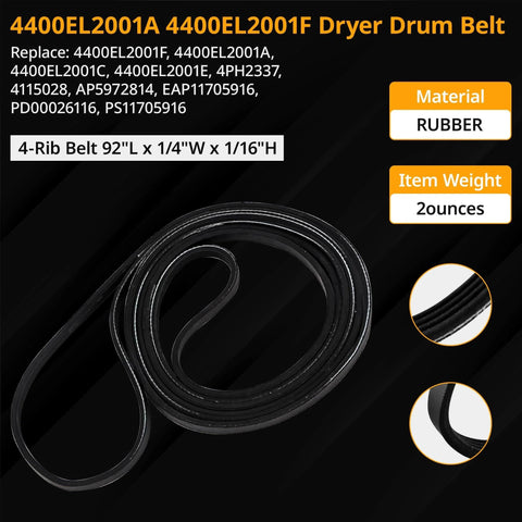 Close-up of a black rubber 4-rib dryer drum belt 92" x 1/4"W x 1/16"H with replacement models listed, item weight 2 ounces.