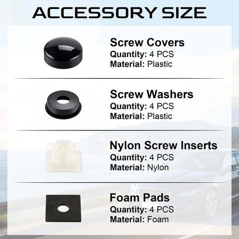 Accessory size chart showing screw covers, screw washers, nylon screw inserts, and foam pads for LivTee Rustproof License Plate Screws.
