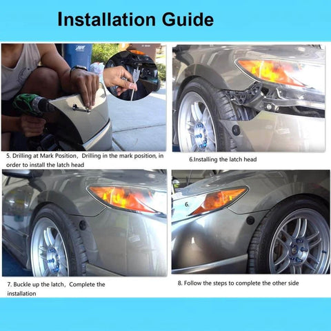 Installation guide for quick release latch license plate lock clip kit on car bumper with aluminum alloy hood pins