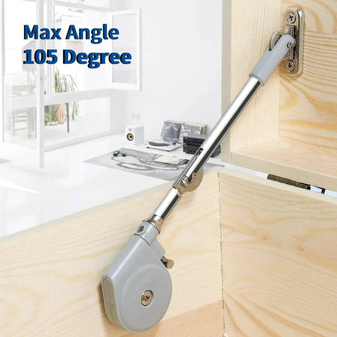 Lid Stay 105 Degree Open with Soft Close installed on upward-opening flap door, showing hinge and metal arm