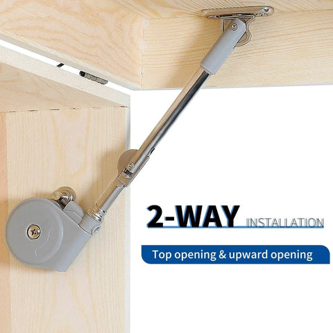 Lid Stay 105 Degree Open with Soft Close installed on upward-opening wooden flap door