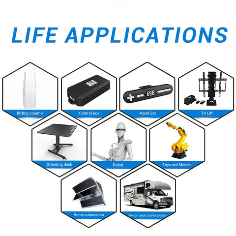 Various applications of the 12V Micro Linear Actuator including standing desks, robots, and home automation setups.