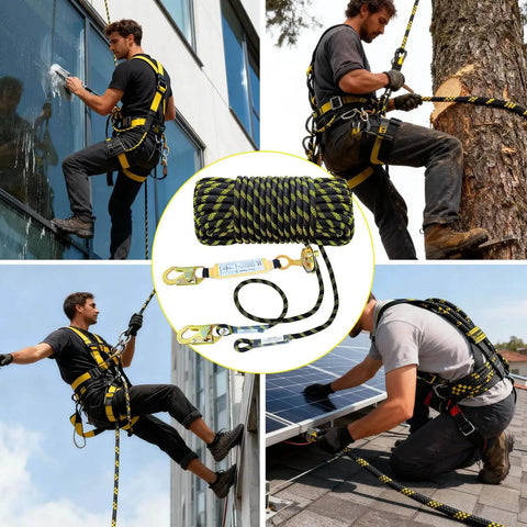 Pro Grade 50Ft Vertical Lifeline Kit For Fall Protection With Rope Grab Heavy Duty Safety Rope Steel Snap Hooks And Shock Absorber Roofing And Tree Climbing Line For Arborists And Roofers ANSI CE Certified in use by workers on various heights and surfaces, showcasing rope, hooks, and safety harness.