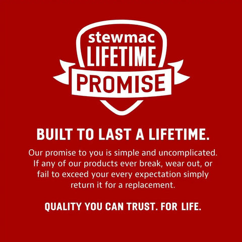 StewMac Lifetime Promise logo with text about durability and quality assurance on a red background.