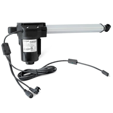 Lift chair actuator: black motor, gray extending rod, Richmat label, with attached control cables