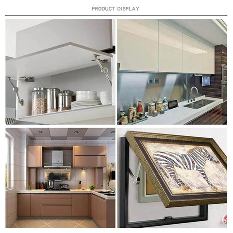 Kitchen cabinets with lift-up mechanism and hydraulic cylinder support for vertical swing, showcasing storage and function