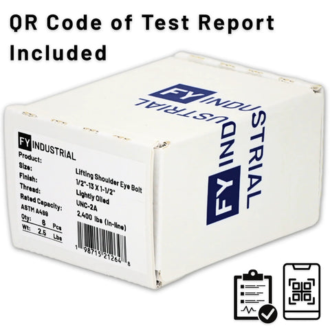 Six Pack Heavy Duty Lifting Eyebolts With Shoulder Eye Half Inch By Thirteen Thread One And A Half Inch Length box.