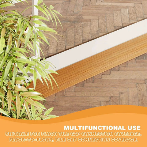 Floor Transition Strip 3.3ft, Double Sided Self-Adhesive PVC Floor Transition Strip installed on wood tile floor, doorway threshold ramp, light brown.