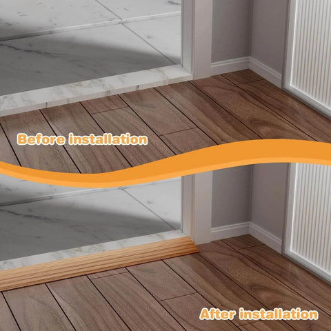 Before and after installation of Floor Transition Strip 3.3ft, Double Sided Self-Adhesive PVC Floor Transition Strip, Doorway Threshold Ramp